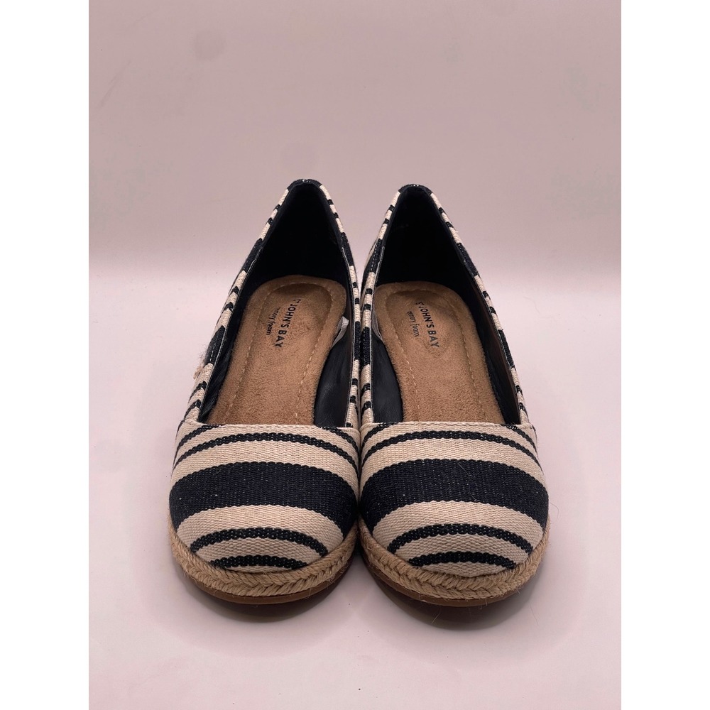 St Johns Bay Botanic Navy Stripe Espadrille Wedge Shoes 5.5W Wide Memory Foam